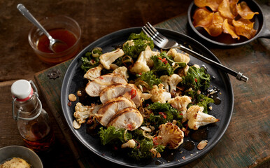 Delicious dish served near sauce and chips on rustic table