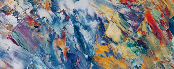 Bunter abstrakter Malereihintergrund. Moderne Motive bildende Kunst. Intensive mehrfarbige Mischung aus lebendigen Ölfarben. Trendige handbemalte Leinwand. Malen Sie Pinselstriche auf Leinwand für trendige Postertapeten. © Valeriy