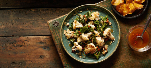 Vegetarian dish near chips and sauce