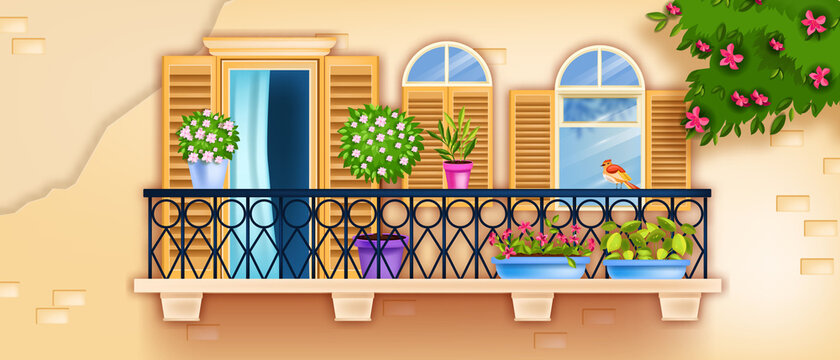 Spring vector balcony window, old town facade illustration, blossom branches, brick wall, flowerpots, plants. Vintage house exterior architecture background, shutters, flowers. Italian balcony window