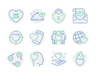 Love icons set. Included icon as Love letter, Heart, Friend signs. Heart target, Friends community, Romantic dinner symbols. Friends world, Love lock line icons. Valentine mail, Friendship. Vector