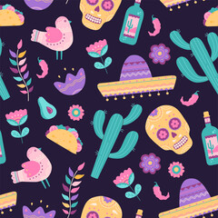 Cinco de Mayo seamless pattern with traditional Mexican symbols skull, cactus, sombrero, tequila and burrito. Hand drawn elements collection in flat cartoon style, isolated on blue, purple background