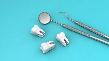 Teeth and dental instrument. Dental mirror and hook with teeth on a green background. 3d render