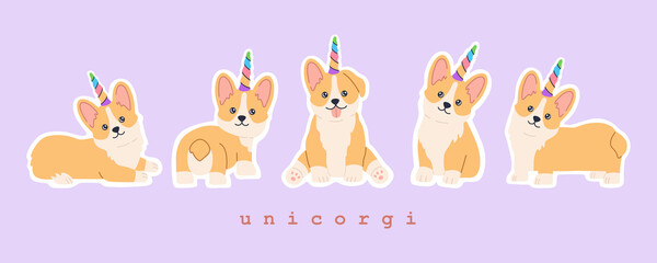 Sticker set of kawaii welsh corgi unicorn with colourful rainbow horn, little fun magic pet dog with cute smiling face. Puppy collection. Hand drawn trendy modern illustration in flat cartoon style