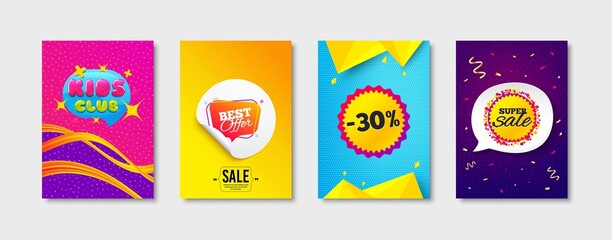 Kids club, Best offer and Sale 30 percent promo label set. Sticker template layout. Super sale sign. Playing zone, Flyer shape, Discount bubble. Discount circle. Promotional tag set. Vector
