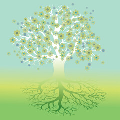 
Tree of life with soft green and blue flowers. The branches of the crown are white.