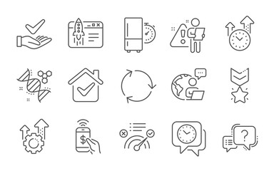 Dermatologically tested, Clock and Chemistry dna line icons set. Seo gear, Recycling and Time management signs. Correct answer, Phone payment and Refrigerator timer symbols. Line icons set. Vector