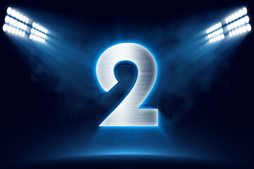 Number 2 background, 3D 2 object made of metal, illuminated with floodlights