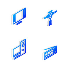 Set Isometric line Construction jackhammer, Smart Tv, Computer monitor and Radio icon. Vector.