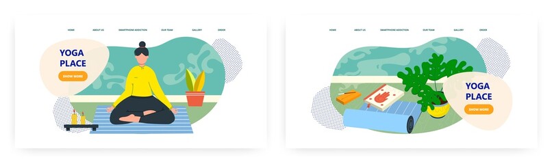 Yoga place landing page design, website banner vector template set Home yoga.