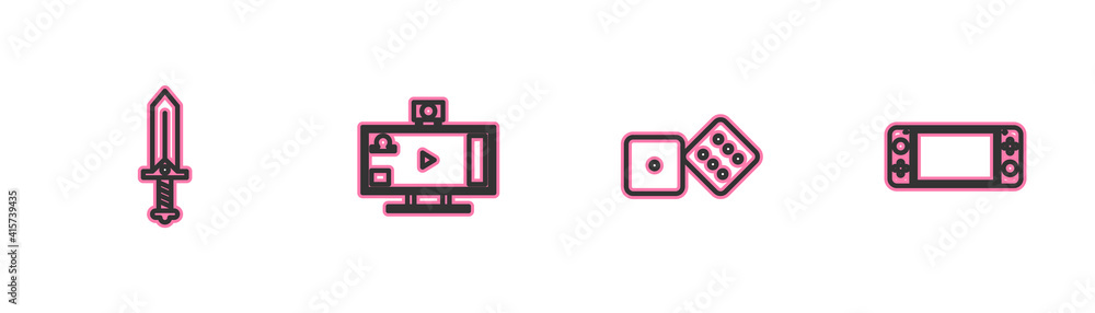 Poster set line sword for game, game dice, live streaming online and portable video console icon. vector.