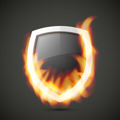 Protected guard shield concept in flame. Safety badge smoke fire icon. Privacy banner shield. Security label. Defense tag flame. Presentation sticker flame shape. defense safeguard shield smoke