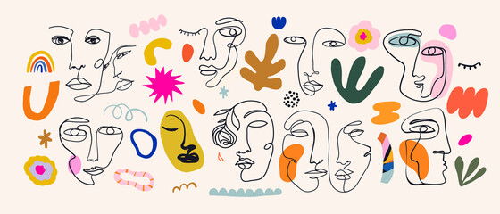 Trendy vector set of various faces illustrations in minimal continuous line style. Hand drawn vector fashionable collection.