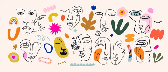  Trendy vector set of various faces illustrations in minimal continuous line style. Hand drawn vector fashionable collection. © Irina