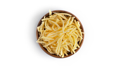 Grated cheese in a wooden bowl isolated on a white background.