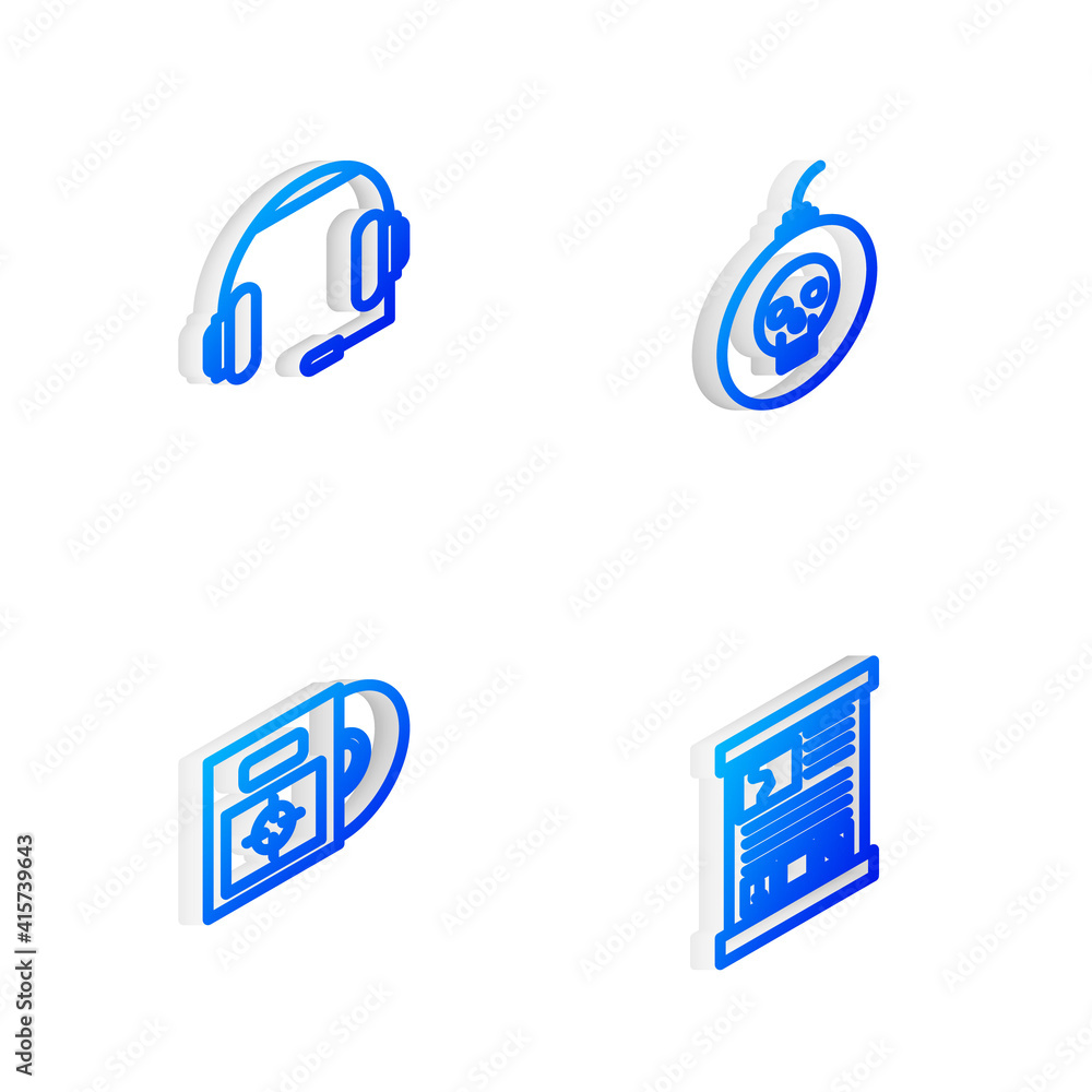 Poster set isometric line bomb ready to explode, headphones, cd or dvd disk in box and game guide icon. vec