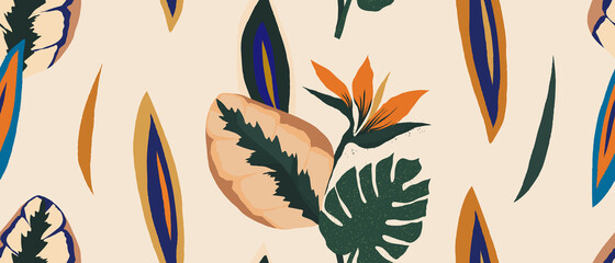 Modernes exotisches Dschungelpflanze-Illustrationsmuster. Zeitgenössisches nahtloses Muster der kreativen Collage. Modische Vorlage für Design. © MURRIRA