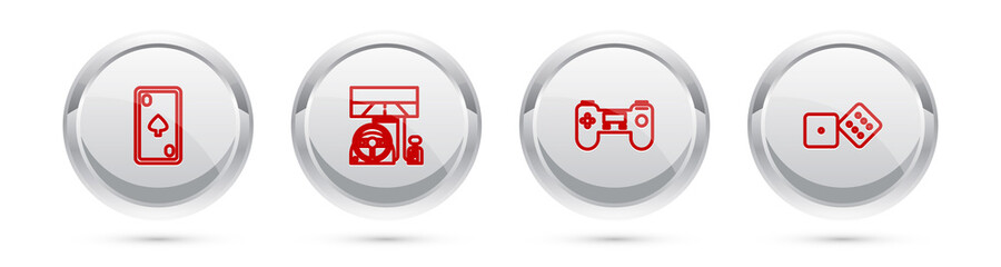 Set line Playing card with diamonds, Racing simulator cockpit, Gamepad and dice. Silver circle button. Vector.