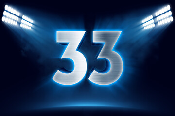 Number 33 background, 3D 33 object made of metal, illuminated with floodlights - obrazy, fototapety, plakaty