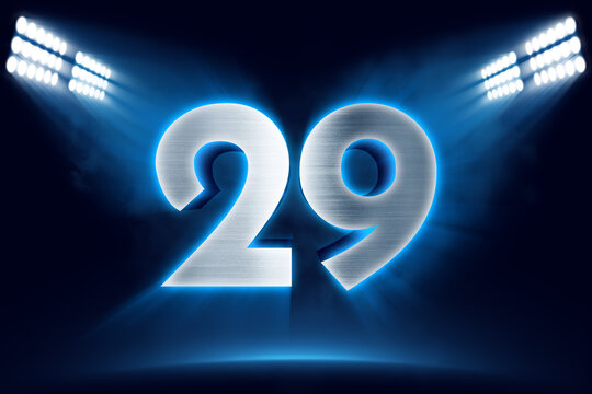 Number 29 background, 3D 29 object made of metal, illuminated with floodlights