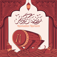 Hand drawn illustration of ramadan kareem or eid mubarak greeting concept in white background.