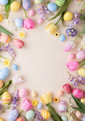 Happy Easter day colorful eggs and flower decoration on paper background with copy space