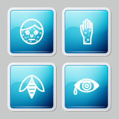 Set line Face with psoriasis or eczema, Hand, Bee and Reddish eye allergic conjunctivitis icon. Vector.