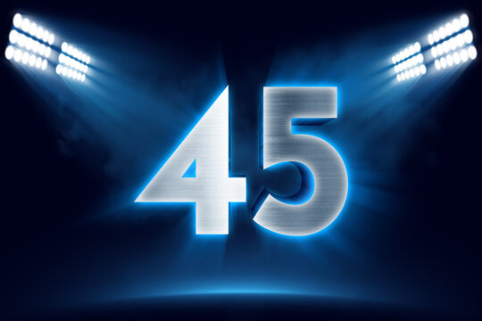 Number 45 background, 3D 45 object made of metal, illuminated with floodlights