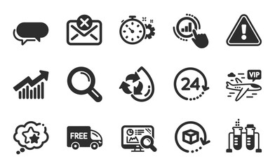Ranking stars, Reject mail and Vip flight icons simple set. Messenger, Cogwheel timer and Return package signs. Chemistry beaker, Seo analytics and Graph chart symbols. Flat icons set. Vector