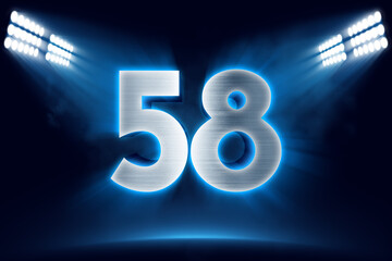 Number 58 background, 3D 58 object made of metal, illuminated with floodlights