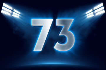 Number 73 background, 3D 73 object made of metal, illuminated with floodlights