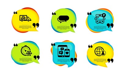 Messenger, Freezing timer and Social media icons simple set. Speech bubble with quotes. Bus parking, Truck transport and International recruitment signs. Vector