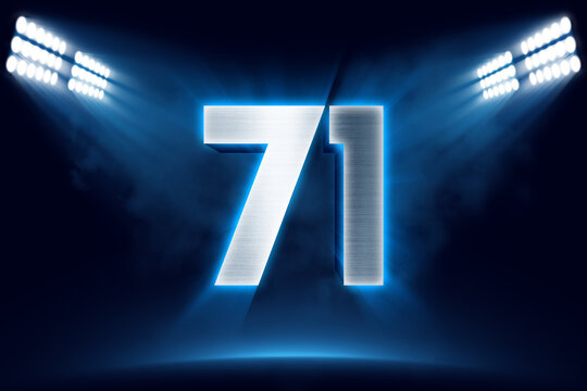 Number 71 background, 3D 71 object made of metal, illuminated with floodlights