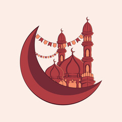 Hand drawn illustration of ramadan kareem or eid mubarak greeting concept in white background.