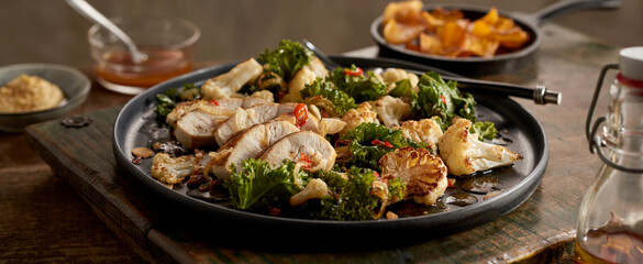 Appetizing chicken meat and seared vegetables on plate