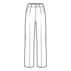 Pants tailored technical fashion illustration with low waist, rise, slant slashed flap pockets, single pleat, belt loops. Flat casual bottom trousers front, white color. Women men unisex CAD mockup