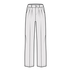 Pants tailored technical fashion illustration with low waist, rise, slant slashed flap pockets, double pleat, belt loops. Flat casual bottom trousers front, grey color. Women men unisex CAD mockup