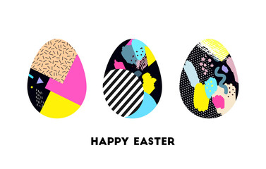 Easter eggs isolated. Holiday banner. Set collection. Memphis pattern. Retro, vintage 80s, 90s style. Vector hand drawn artwork. Pink, purple, beige, yellow, blue, violet, black, white colors.