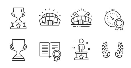 Winner cup, Best result and Sports stadium line icons set. Award cup, Diploma and Success signs. Sports arena, Laurel wreath symbols. Timer award, Championship arena, Trophy. Sports set. Vector