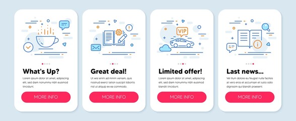 Set of Business icons, such as Engineering documentation, Vip transfer, Coffee cup symbols. Mobile screen app banners. Technical info line icons. Manual, Exclusive transportation, Hot drink. Vector