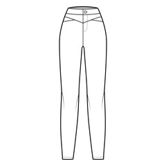Yoked pants technical fashion illustration with normal waist, high rise, full length, fitted body. Flat casual bottom trousers apparel template front, white color. Women men unisex CAD mockup