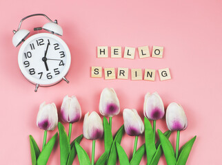  flat lay of wooden letters HELLO SPRING and white vintage alarm clock on pink background with purple-white tulips flower decoration.