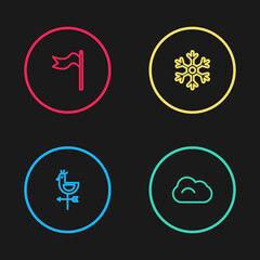 Set line Rooster weather vane, Cloud, Snowflake and Meteorology windsock wind icon. Vector.