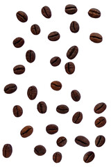 Coffee beans lying chaotically on a white background.