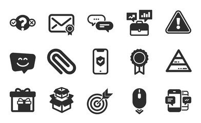 Business portfolio, Packing boxes and Paper clip icons simple set. Dots message, Delivery boxes and Phone protection signs. Scroll down, Verified mail and Reward symbols. Flat icons set. Vector
