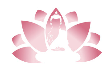 Pink Lotus and Lord Buddha. Symbol of buddha. Vesak day greeting background with Buddha and lotus flower. Yoga, spirituality. Vector Buddha silhouette for spa logo