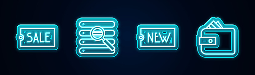 Set line Price tag with text Sale, Search in browser window, New and Wallet paper money cash. Glowing neon icon. Vector.