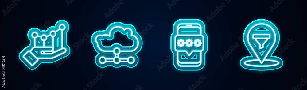 Poster set line pie chart infographic, network cloud connection, mobile and password and location with sale