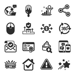 Set of Business icons, such as Ice cream, Share, Winner symbols. Social media, Computer mouse, Dollar exchange signs. Seo certificate, Arena stadium, Confirmed mail. 360 degree flat icons. Vector