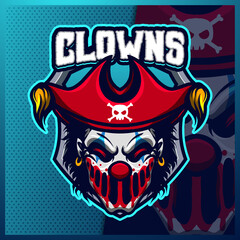 Clown Pirates mascot esport logo design illustrations vector template, Joker logo for team game streamer youtuber banner twitch discord
